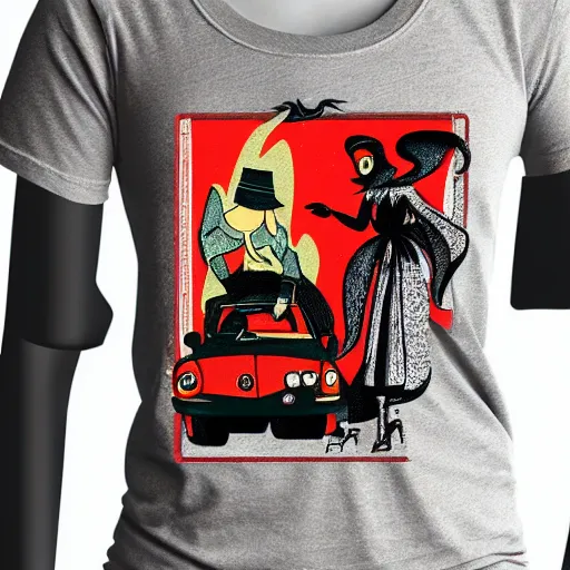 Image similar to a witch riding a cafe racer, retro colors, graphic tee shirt