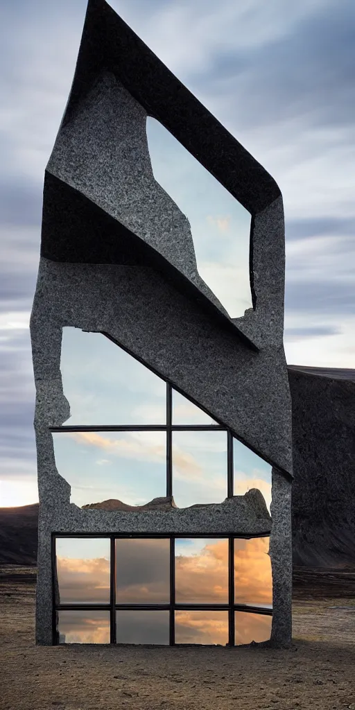 Image similar to futuristic angular architect house made from deconstucted charcoal wood and mirrors, refracted, floating, portal, iceland landscape photography sunset, by lurie belegurschi and gunnar freyr