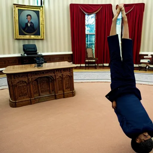 Image similar to barack obama doing a handstand in the oval office