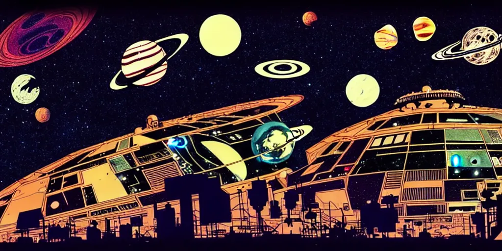 Prompt: cut out collage, low angle shot of a space port at night, retro punk, ink by Frank Miller, cinematography by Jim Jarmusch, composition by Hale Woodruff, soundtrack by Aphex Twin, background by Moebius.