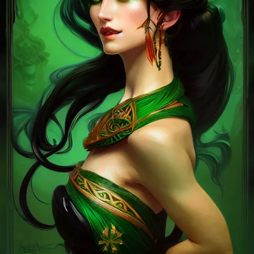 Image similar to aristocrat, green black orange color palette, black female, d & d, fantasy, intricate, elegant, highly detailed, long green hair, digital painting, artstation, octane render, concept art, matte, sharp focus, illustration, hearthstone, art by artgerm, alphonse mucha johannes voss