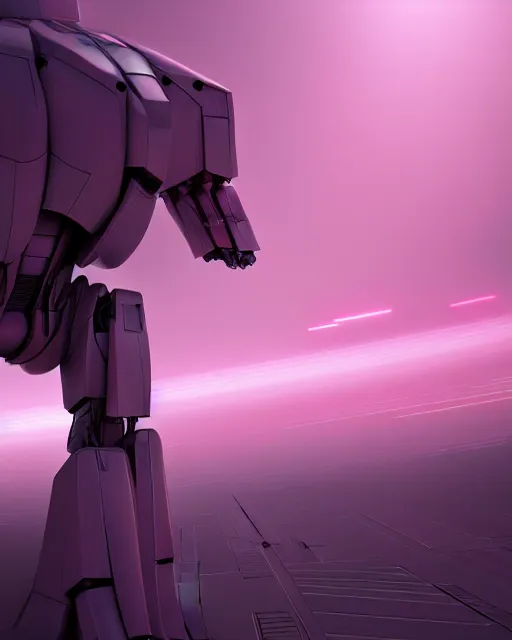 Image similar to hyperrealistic 3d render full mecha iridescent pink dramatic landscape concept art vray ute osterwald de chirico sharp cinematic very moody light 8k low angle shallow depth of field
