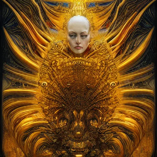 Image similar to Divine Chaos Engine by Karol Bak, Jean Deville, Gustav Klimt, and Vincent Van Gogh, celestial, visionary, sacred, fractal structures, ornate realistic gilded medieval icon, spirals, octane render