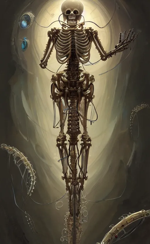 Image similar to Cyborg biomechanical jellyfish skeleton, sci-fi, highly detailed, digital painting, artstation, concept art, smooth, sharp focus, illustration, art by artgerm and greg rutkowski and alphonse mucha