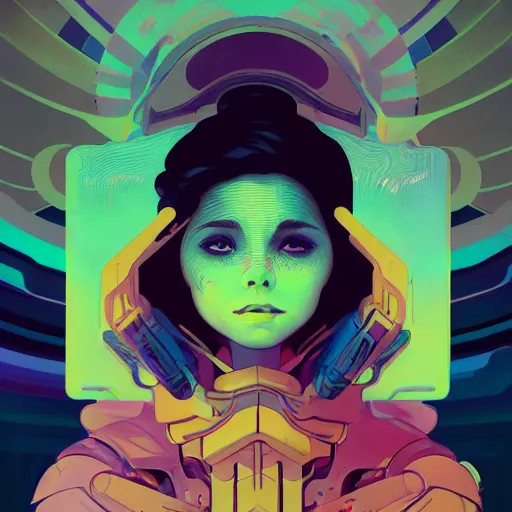 Prompt: a beautiful portrait painting of a 8 0 s sci fi girl by sachin teng and pascal blanche and alphonse mucha! and nekro! and josan gonzalez and rhads and ruan jia. in style of digital art. colorful comic, film noirs, symmetry, brush stroke, vibrating colors, hyper detailed. octane render. trending on artstation