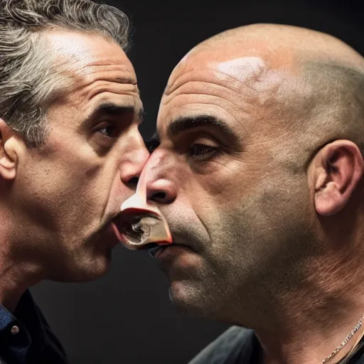 Image similar to Jordan Peterson and Joe Rogan kissing, photo, tabloid, photorealistic, 4k