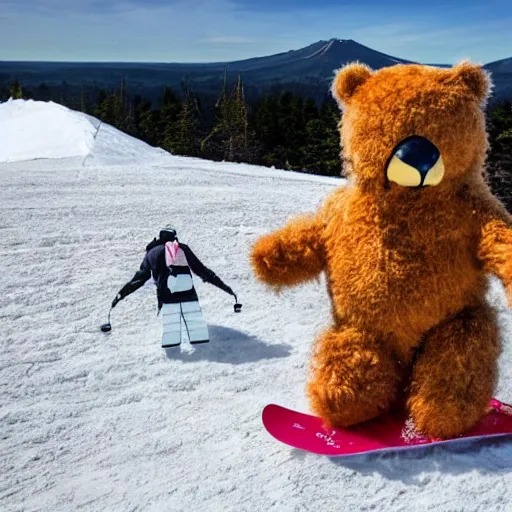 Image similar to teddy bear, snowboarding on a volcano with spongebob