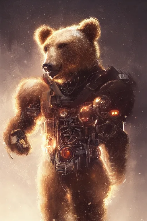 Image similar to a portrait of a cyborg Bear by Greg Rutkowski, Sung Choi, Mitchell Mohrhauser, Maciej Kuciara, Johnson Ting, Maxim Verehin, Peter Konig, final fantasy , mythical, 8k photorealistic, cinematic lighting, HD, high details, atmospheric,