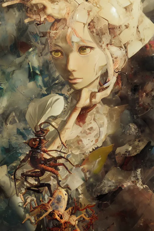 Prompt: surreal gouache painting, by yoshitaka amano, by ruan jia, by Conrad roset, by good smile company, detailed anime 3d render of big transparent amber stone , A cockroach and cockroach amber eggs, portrait, cgsociety, artstation, rococo mechanical and Digital and electronic, dieselpunk atmosphere