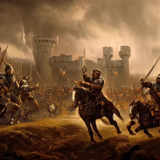 Prompt: A captain commanding his knights to charge through the gates of a castle, war, dark atmosphere, insane detail, medieval fantasy, upscaled, 8k resolution, masterpiece, award winning