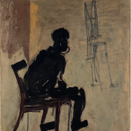 Image similar to painting of a man sitting on a chair, staring at you, by georg baselitz