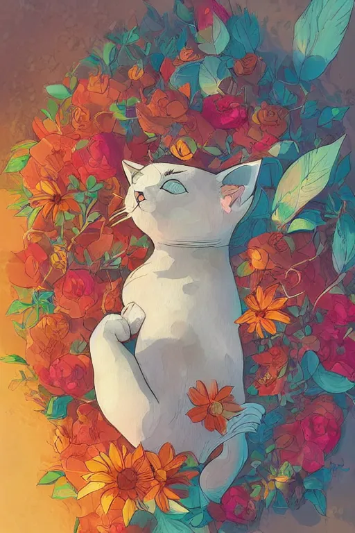 Image similar to a digital art of a cat sleeping in the room with flowers around in the afternoon, the sun shines in, storybook art, watercolor, detailed, cute, by anton fadeev, featured on artstation