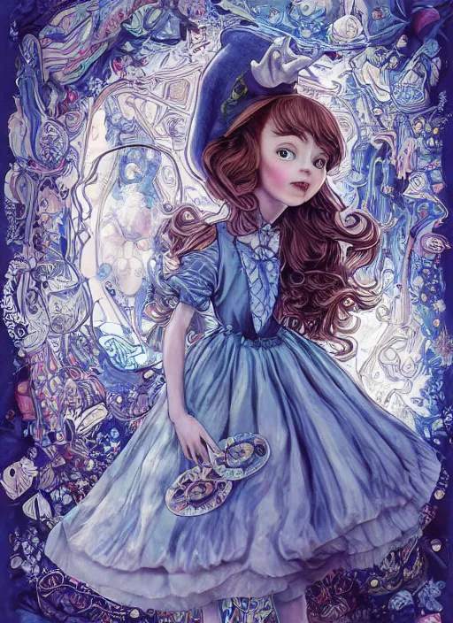 Image similar to alice in wonderland, young girl in blue dress with white apron, lolitastyle, clear symmetrical face portrait, fantasy, victorian gothic, cosmic energy, kaleidoscope, psychedelic, by tim burton, hiroshi yoshida, yoshitaka amano, tim burton, shaun tan, artgerm