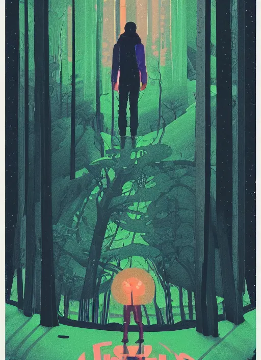 Prompt: a transparent glass movie poster of a cyberpunk explorer glowing and illuminating the forest around him, midnight, risograph by ghostshrimp, kawase hasui, josan gonzalez, jean giraud, moebius and edward hopper, colourful flat surreal design, in the style of oxenfree, super detailed, a lot of tiny details, negative space