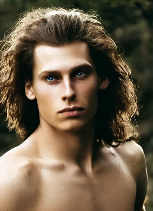 Prompt: a very skinny young Tarzan close-up portrait of young white male, with long dark brown slicked back hair shoulder length