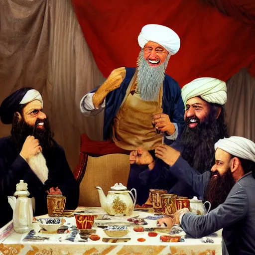 Image similar to a painting of joe biden laugh in tea party with taliban, ultra detailed face, body and gesture, justify content center, hyper realistic content, frontal hyperdetailed realistic content, sharp focus, intricate, dynamic composition, 2 colors, baroque, delete duplicate content