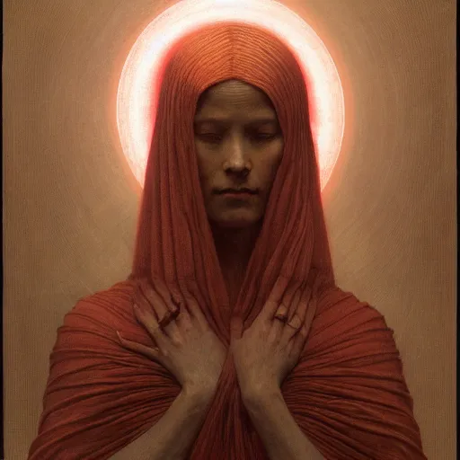 Image similar to Woman masterpiece, red, golden halo behind her head, by Edgar Maxence and Ross Tran, Zdzisław Beksiński, and Michael Whelan, distant, gustav dore, H.R. Giger, 8k, octane render