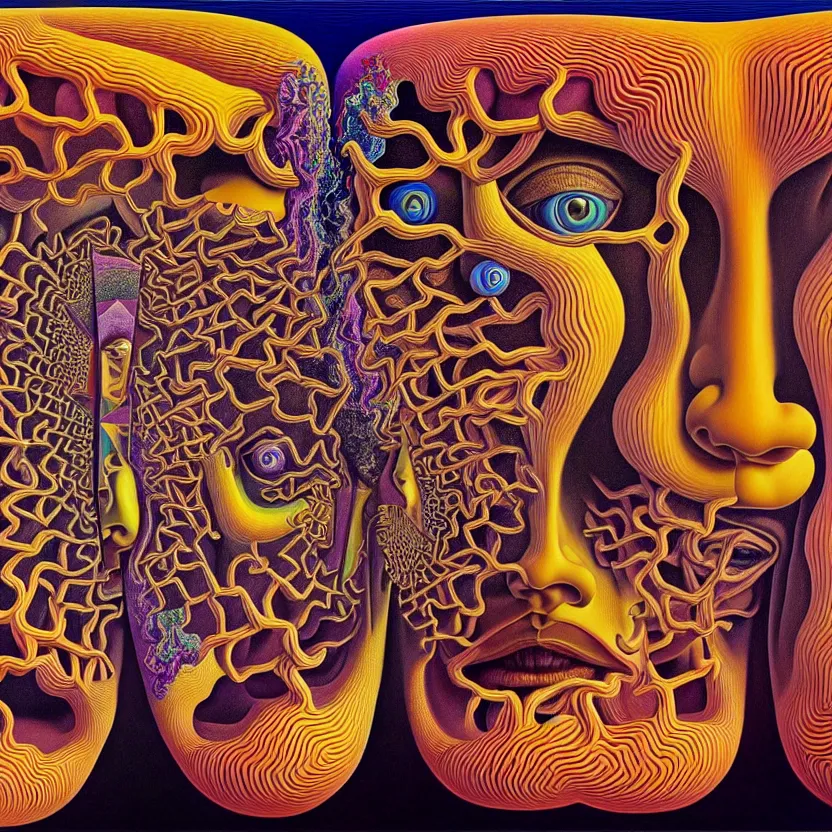 Image similar to infinite fractals of consciousness forming a human face, recursion, surreal, by salvador dali and mc escher and alex grey, oil on canvas, hd, dreams, intricate details, warm colors