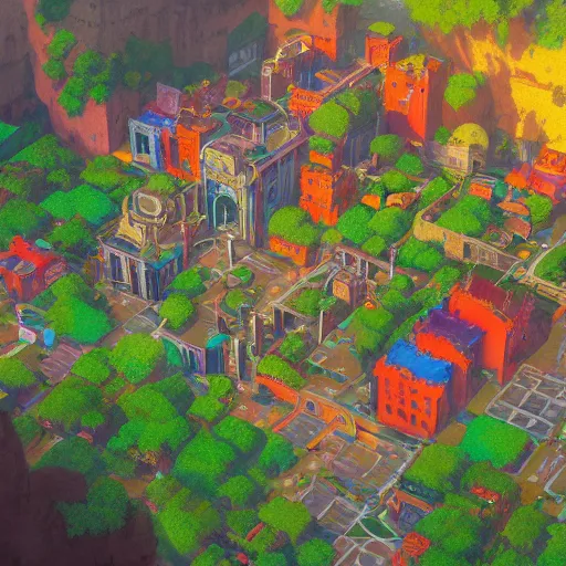 Image similar to Aerial map of a first person Bongo Drum video game, D&D, fantasy, brightly colored buildings, highly detailed, digital painting, artstation, smooth, sharp focus, illustration, art by greg rutkowski studio ghibli, cinematic