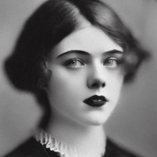 Image similar to headshot edwardian photograph of elle fanning, scarlett johansson, 1 9 2 0 s film actress, realistic face, 1 9 1 0 s, grainy, victorian, detailed, soft blur