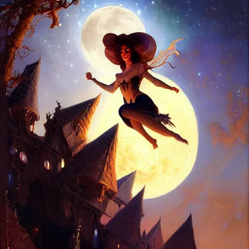 Prompt: attractive witch magically flying trough the night, fantasy, full moon in background. highly detailed painting by gaston bussiere, craig mullins, j. c. leyendecker 8 k