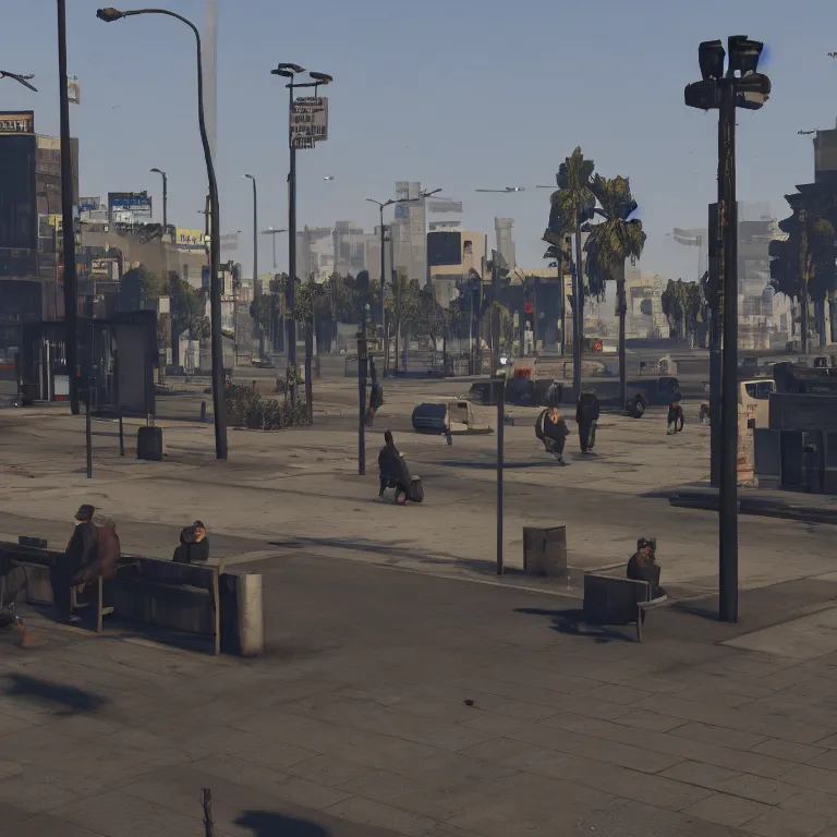 Image similar to some people waiting in a lone bus stop in qiet dark city, by GTA5 in game