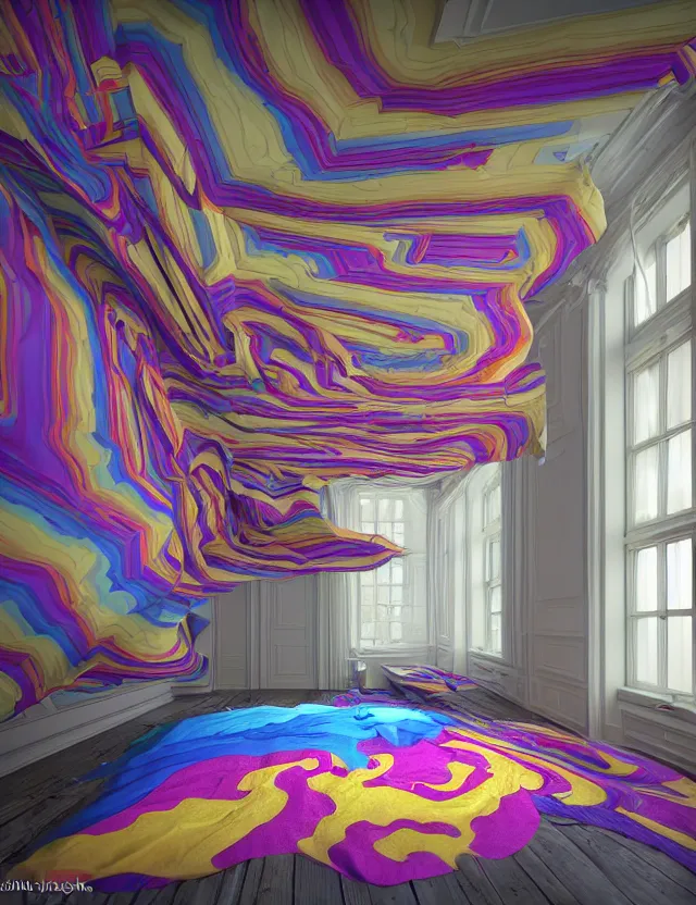 Prompt: wide angle colorful photo of floating bed above floor in the middle of epic room with windows opening to other dimensions by andrzej sykut by lee madgewick by m. c. escher, photorealistic, octane render, recursive!!!!, flowing, cascading, multiverse!!!!!!, labyrinthine, optical illusion