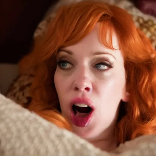 Image similar to amazing beautiful Christina Hendricks with mouth wide open in the living room, film still from the movie directed by Denis Villeneuve , wide lens