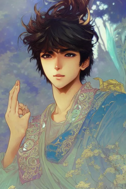 Image similar to pakistani teenage boy as an anime protagonist, fantasy, intricate, elegant, highly detailed, digital painting, artstation, concept art, smooth, sharp focus, illustration, art by gaston bussiere and alphonse mucha