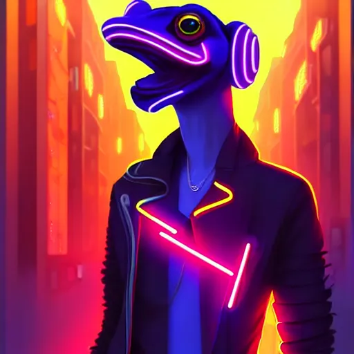 Prompt: beautiful furry digital art portrait commission of an androgynous anthro frog fursona wearing punk clothes in the streets of a cyberpunk city. neon signs. character design by charlie bowater, ross tran, artgerm, and makoto shinkai