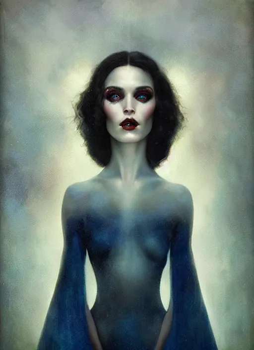 Image similar to a sinister portrait of an woman with beautiful blue eyes and dark hair, art by manuel sanjulian and tom bagshaw