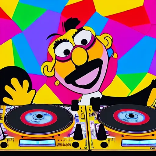 Prompt: svg sticker of a Pop-Wonder Bert&Ernie, Sesame-Street, at a rave, spinning records, giant headphones rocking out, wearing headphones, huge speakers, dancing, rave, DJ, spinning records, digital art, amazing composition, rule-of-thirds, award-winning, trending on artstation, featured on deviantart