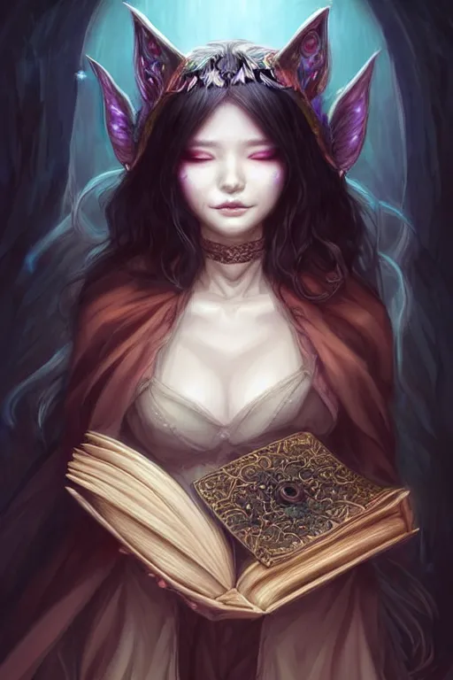 Image similar to gorgeous!!! hyper - realstic sorceress with a kitsune mask, holding a tattered magical book, casting a spell | drawn by wlop, drawn by jeehyung lee, drawn by artgerm | fantasy, dark, intricate, highly detailed, digital painting, character design, concept art, illustration, artstation