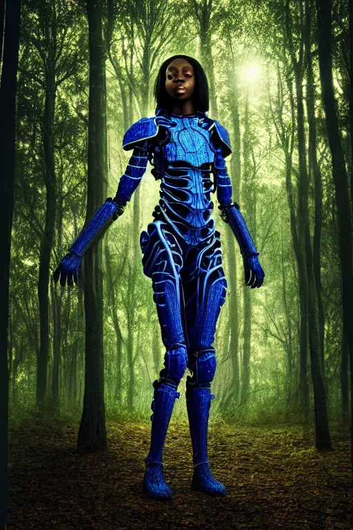 Prompt: hyperrealistic very beautiful! black woman with detailed exoskeleton armor, touching tree in a forest, digital art masterpiece brad kunkle dramatic blue light low angle hd 8k sharp focus