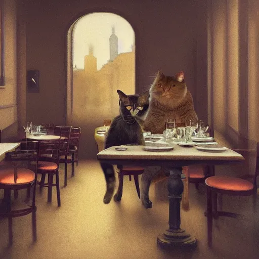 Prompt: brown cat with yellow eyes is sitting at table in a cafe at paris in early 2 0 th century. atmospheric feeling, warm colours, brown colours, yellow colours, epic scene, cinematic, very detailed, octane render