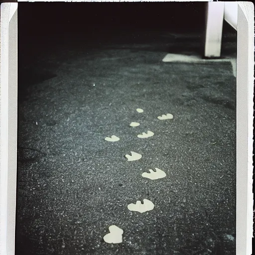 Prompt: wide-shot, low-angle eyesight, first-person!! chain of cat paw prints on fresh cement at the street, polaroid photo, by Andy Warhol