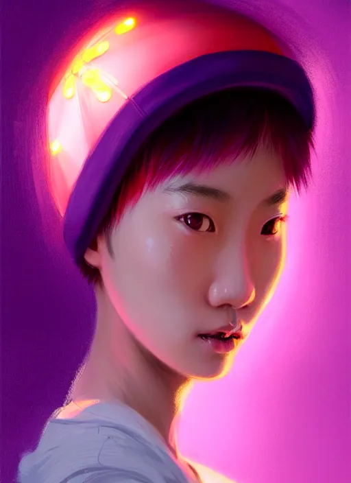 Image similar to portrait of chinese girl with bright pink hair, curly pixie cut hair, wearing a purple cap, breton cap, intricate, elegant, glowing lights, highly detailed, digital painting, artstation, concept art, smooth, sharp focus, illustration, art by wlop, mars ravelo and greg rutkowski