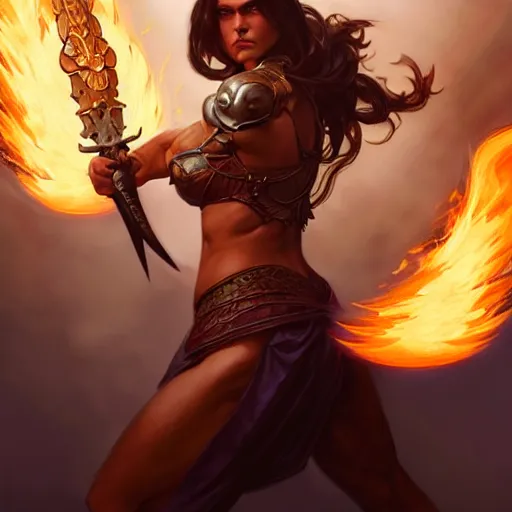 Image similar to female holding a flaming sword, muscular upper body, D&D, fantasy, intricate, elegant, highly detailed, digital painting, artstation, concept art, smooth, sharp focus, illustration, art by artgerm and greg rutkowski and alphonse mucha
