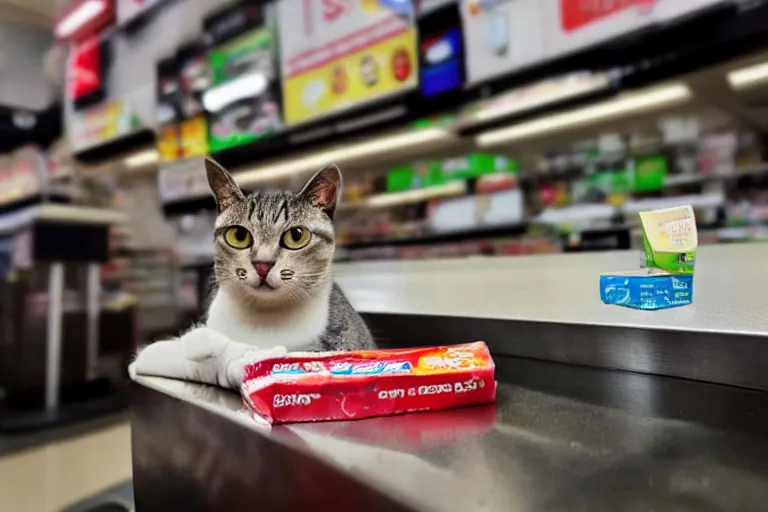 Image similar to cat on the counter in 7 - eleven next to a pack of cigarettes wide angle lens