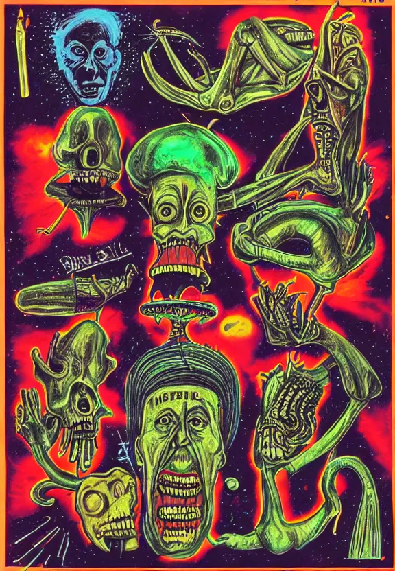 Image similar to subgenius, x - day, aliens, weird stuff, occult stuff, devil stuff, diagram, colorful, stained paper, hyperrealism, stage lighting