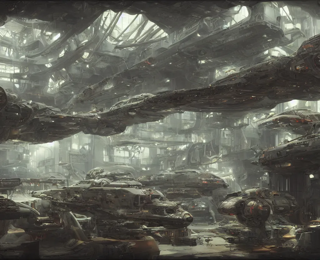 Prompt: the inside of a futuristic mechanic spaceshop, spaceship being repaired, highly detailed interior, holographic screen in center frame by peter mohrbacher and craig mullins, dieselpunk, cyberpunk, firefly, star citizen, cryengine render, hyper realism, realistic shading, cinematic composition, realistic render, octane render, detailed textures, photorealistic