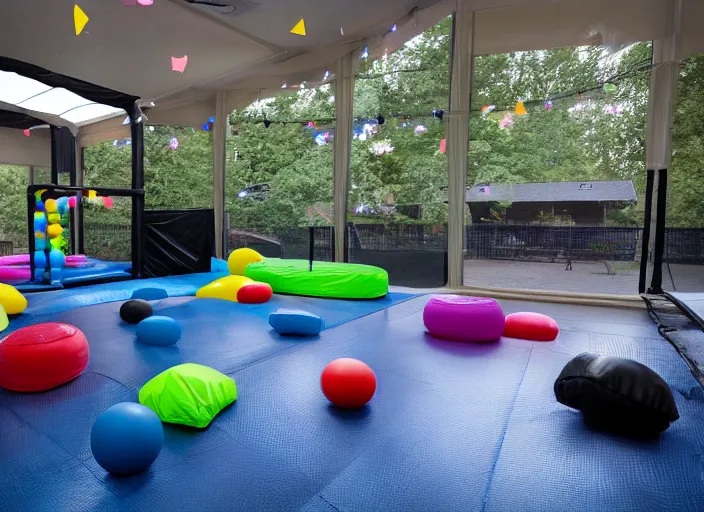 Image similar to A black trampoline next to A bouncy house with a ball pit inside a giant empty room with light coming through windows