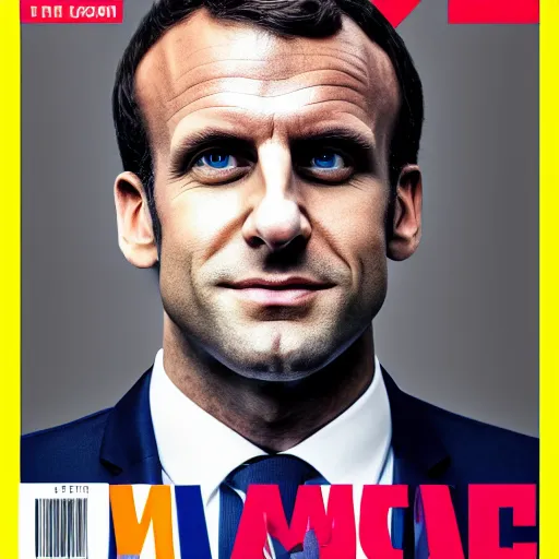 Image similar to colorful Cover of Emmanuel Macron magazine, white borders, 50mm photography, high quality, 4K