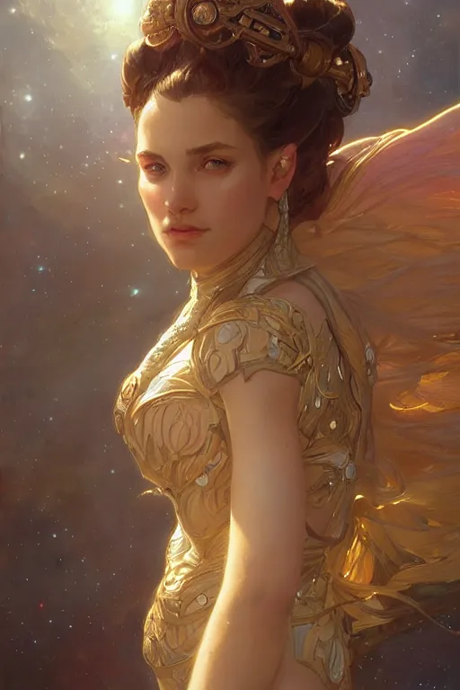 Prompt: epic portrait an space goddess, fantasy, elegant, intricate, full frontal shot, highly detailed, digital painting, artstation, concept art, sharp focus, illustration, art by artgerm and greg rutkowski and alphonse mucha