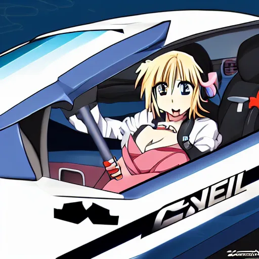 Prompt: generic anime girl with lightsaber driving general Lee.