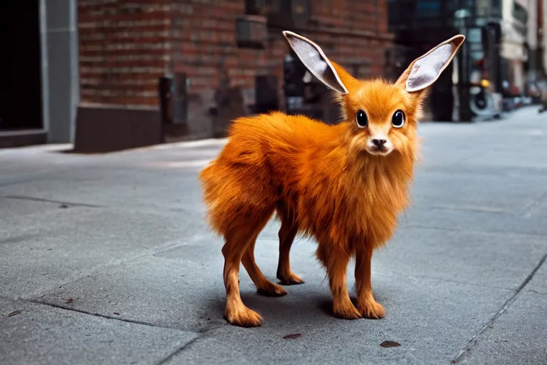 Image similar to closeup potrait of Eevee on a new york sidewalk, natural light, sharp, detailed face, magazine, press, photo, Steve McCurry, David Lazar, Canon, Nikon, focus