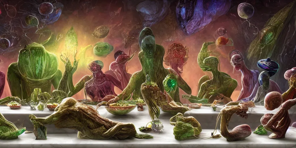 Image similar to !13 very diverse aliens enjoying a rich salad around a marble table, !positioned as last supper cinematic lighting, crystals and diamonds, emeralds, idilic, fantasy, surreal, floating, highly detalied, 4k, artstation, by Wayne Barlowe