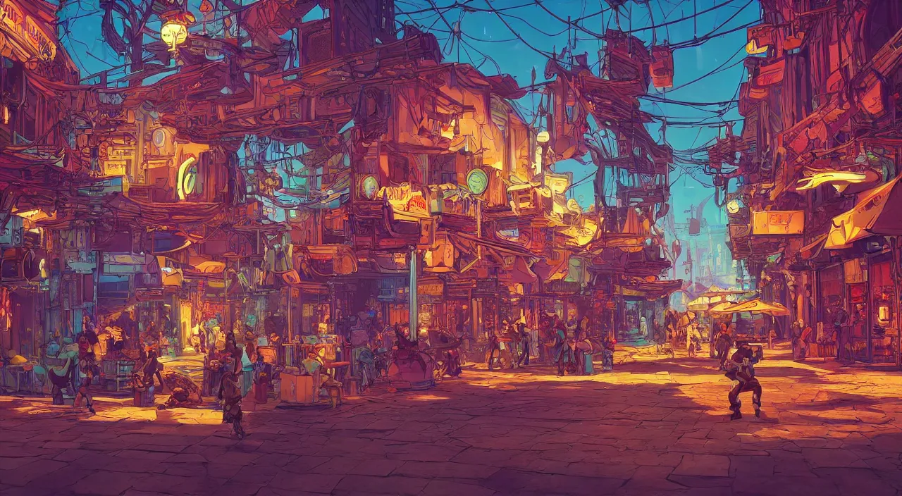 Image similar to bazaar zouk oriantal full color sky shine place mosquet painting stylized digital illustration video game icon global illumination ray tracing that looks like it is from borderlands and by feng zhu and loish and laurie greasley, victo ngai, andreas rocha, john harris