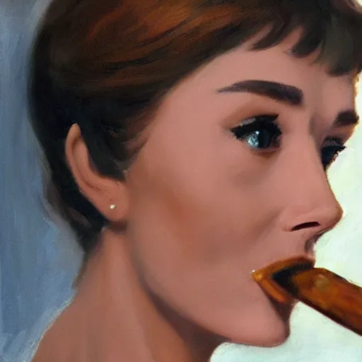 Image similar to closeup portrait of audrey hepburn smoking cigar in the film breakfast at tiffany's ( 1 9 6 1 ), evening, highly detailed, ultrarealistic oil painting, vladimir volegov, artstation