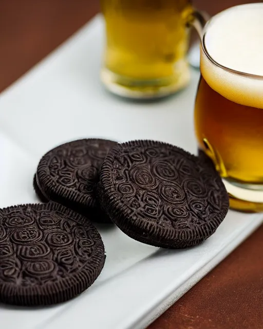 Prompt: dlsr food photograph of an oreo being dipped in beer, bokeh, studio lighting, 5 0 mm f 1. 4